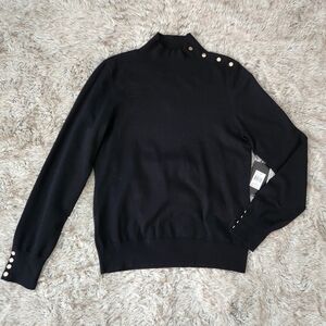Cyrus NYC Mock Neck Long Sleeve Black‎ Sweater Gold Decorative Buttons Medium